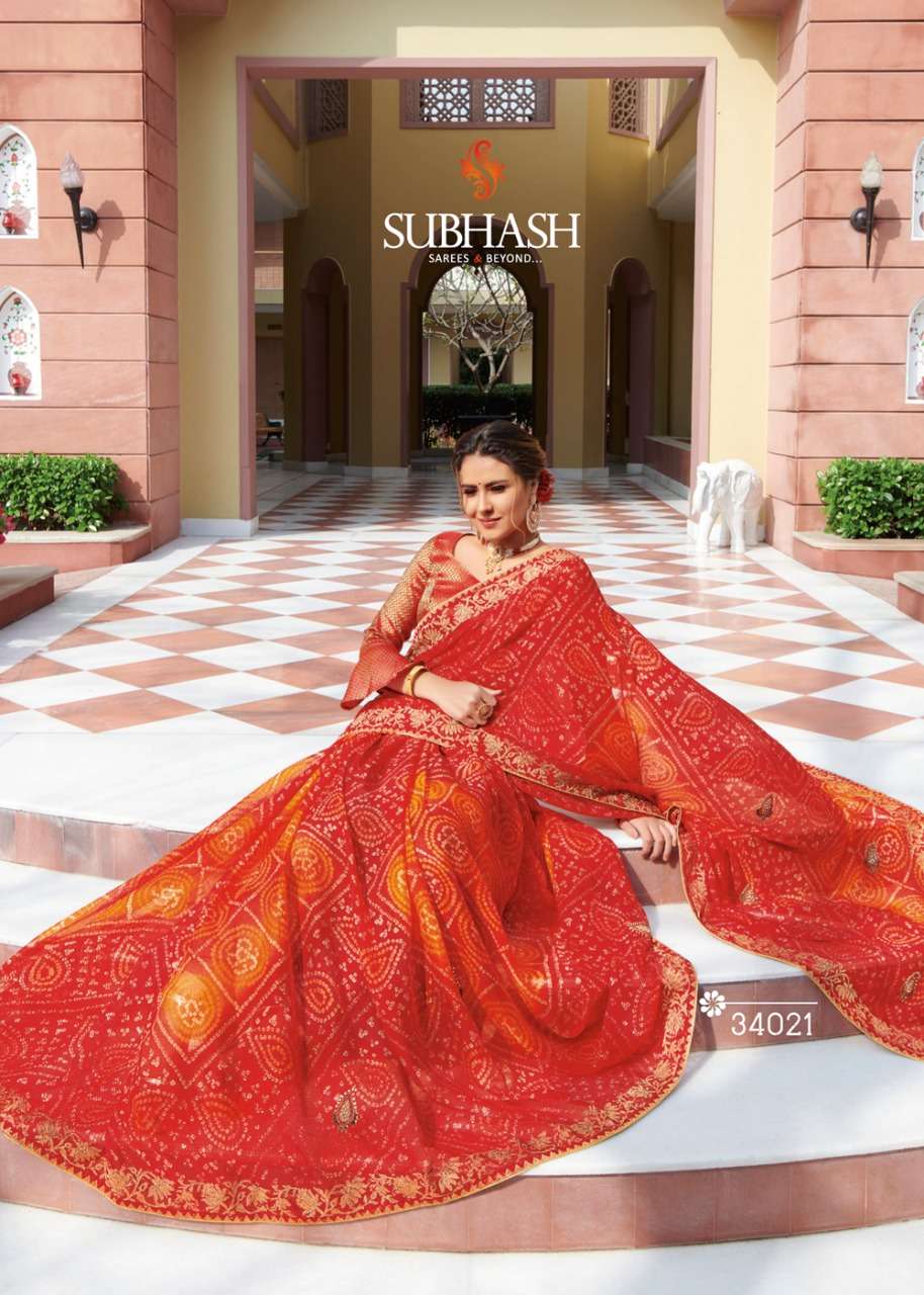BANDHANI VOL-2 BY SUBHASH SAREES 34021 TO 34028 SERIES INDIAN TRADITIONAL WEAR COLLECTION BEAUTIFUL STYLISH FANCY COLORFUL PARTY WEAR & OCCASIONAL WEAR  PUSHKAR CHIFFON EMBROIDERED SAREES AT WHOLESALE PRICE