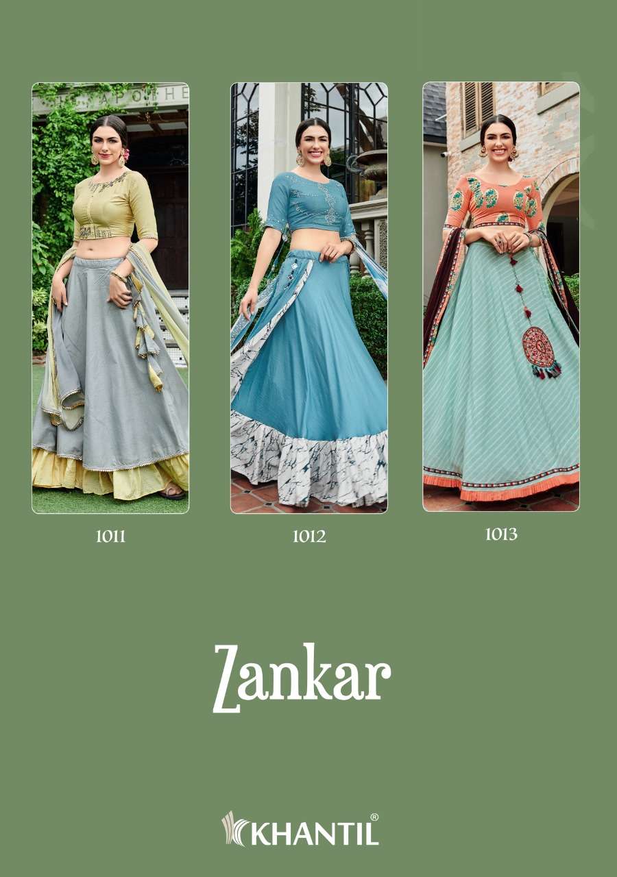 ZANKAR BY KHANTIL 1011 TO 1013 SERIES INDIAN DESIGNER TRADITIONAL WEAR COLLECTION BEAUTIFUL STYLISH FANCY COLORFUL PARTY WEAR & OCCASIONAL WEAR CHINNON/RAYON PRINT/MUL COTTON LEHENGAS AT WHOLESALE PRICE