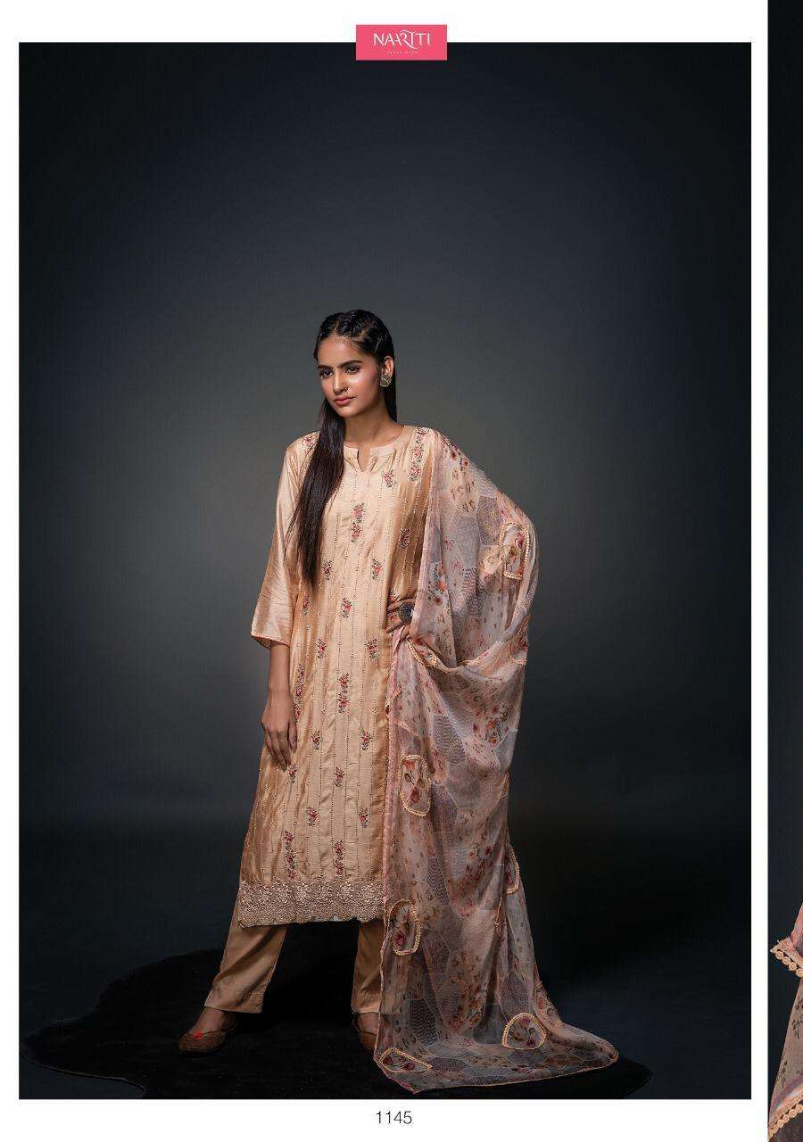 SANJH BY NAARITI 1143 TO 1146 SERIES BEAUTIFUL SUITS STYLISH FANCY COLORFUL PARTY WEAR & OCCASIONAL WEAR MUSLIN SILK TOP WITH EMBROIDERY DRESSES AT WHOLESALE PRICE