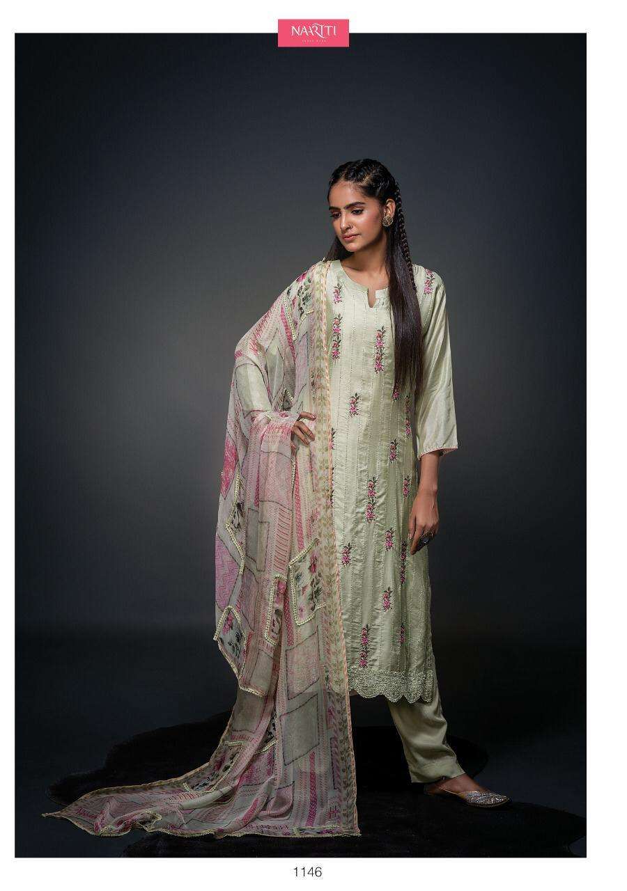 SANJH BY NAARITI 1143 TO 1146 SERIES BEAUTIFUL SUITS STYLISH FANCY COLORFUL PARTY WEAR & OCCASIONAL WEAR MUSLIN SILK TOP WITH EMBROIDERY DRESSES AT WHOLESALE PRICE