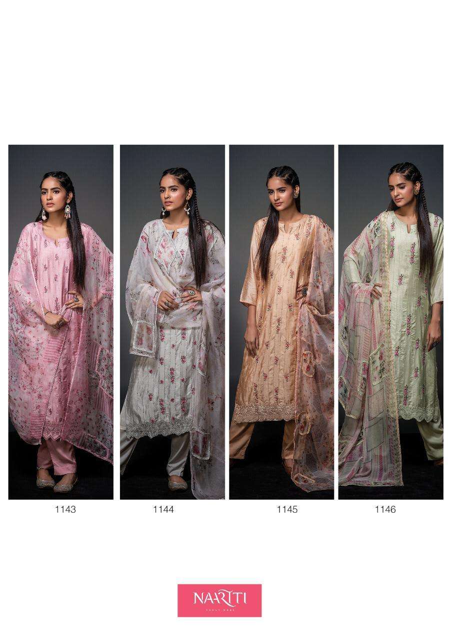 SANJH BY NAARITI 1143 TO 1146 SERIES BEAUTIFUL SUITS STYLISH FANCY COLORFUL PARTY WEAR & OCCASIONAL WEAR MUSLIN SILK TOP WITH EMBROIDERY DRESSES AT WHOLESALE PRICE