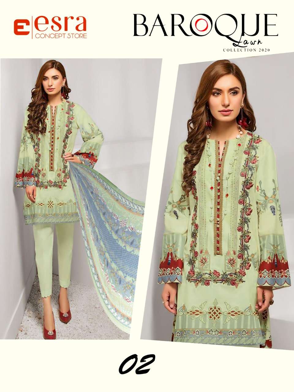 BAROQUE LAWN BY ESRA 01 TO 05 SERIES PAKISTANI SUITS BEAUTIFUL FANCY COLORFUL STYLISH PARTY WEAR & OCCASIONAL WEAR PURE LAWN COTTON DIGITAL PRINT EMBROIDERED DRESSES AT WHOLESALE PRICE