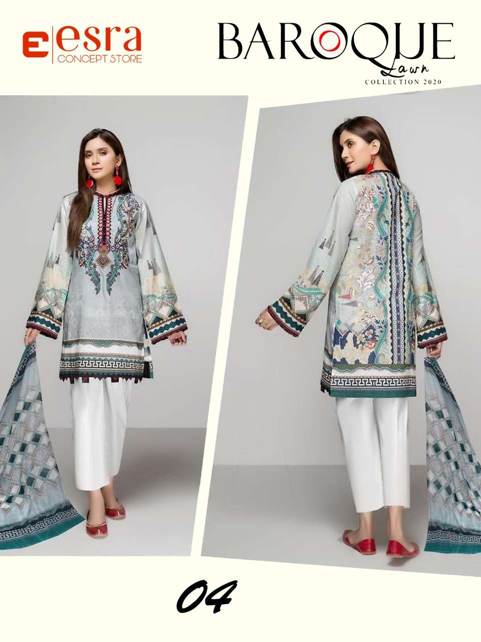 BAROQUE LAWN BY ESRA 01 TO 05 SERIES PAKISTANI SUITS BEAUTIFUL FANCY COLORFUL STYLISH PARTY WEAR & OCCASIONAL WEAR PURE LAWN COTTON DIGITAL PRINT EMBROIDERED DRESSES AT WHOLESALE PRICE
