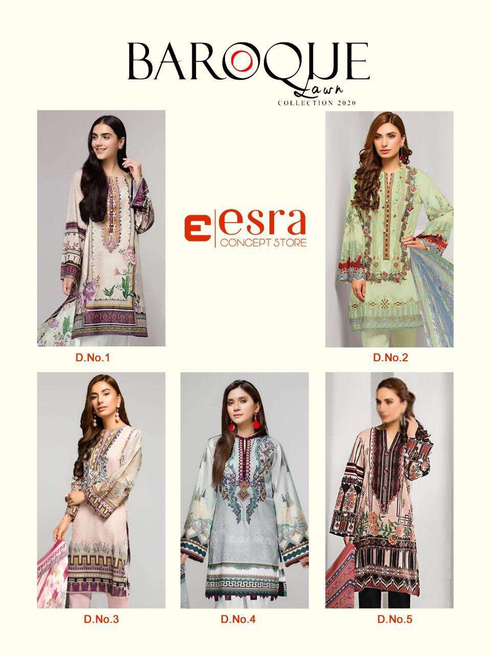 BAROQUE LAWN BY ESRA 01 TO 05 SERIES PAKISTANI SUITS BEAUTIFUL FANCY COLORFUL STYLISH PARTY WEAR & OCCASIONAL WEAR PURE LAWN COTTON DIGITAL PRINT EMBROIDERED DRESSES AT WHOLESALE PRICE