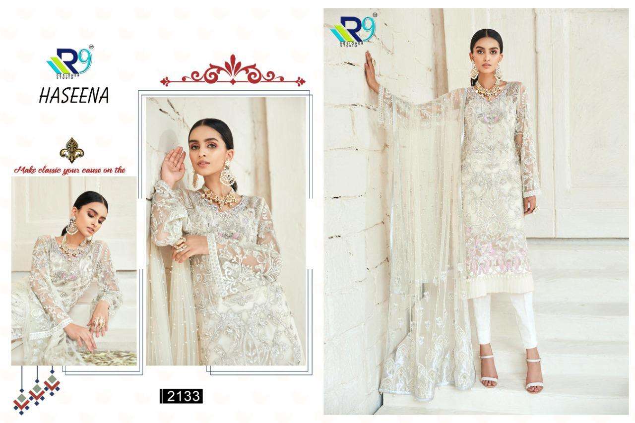 HASEENA BY R9 2130 TO 2134 SERIES PAKISTANI SUITS BEAUTIFUL FANCY COLORFUL STYLISH PARTY WEAR & OCCASIONAL WEAR FAUX GEORGETTE/NET EMBROIDERED DRESSES AT WHOLESALE PRICE
