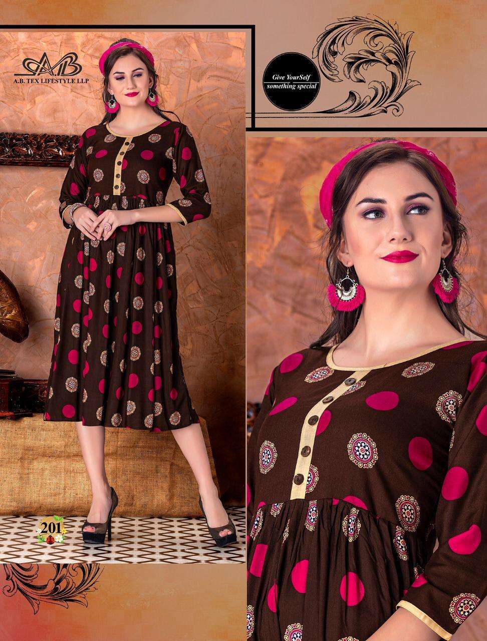 SUHANI BY A.B FASHION 201 TO 207 SERIES BEAUTIFUL STYLISH FANCY COLORFUL CASUAL WEAR & ETHNIC WEAR HEAVY RAYON PRINTED KURTIS AT WHOLESALE PRICE