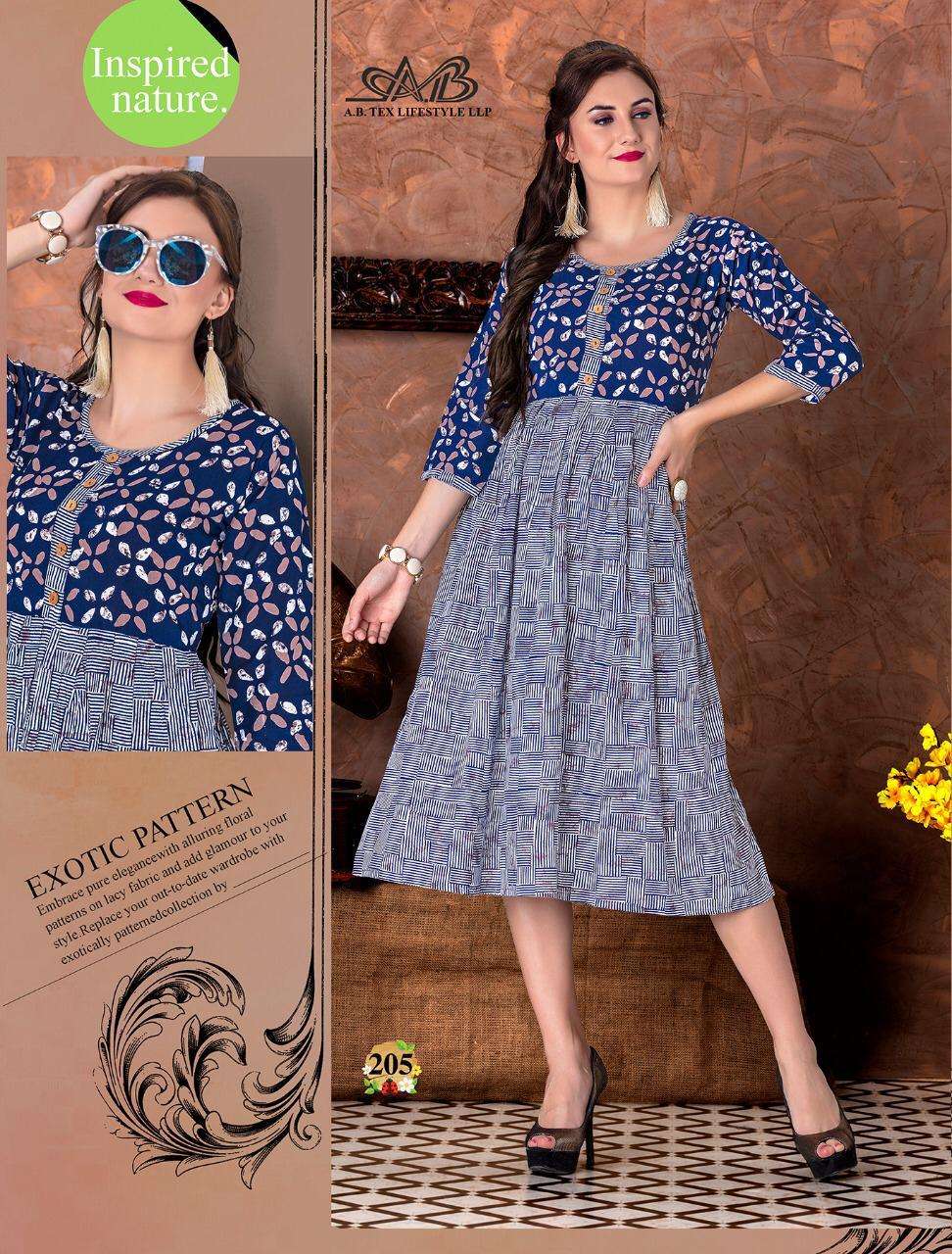 SUHANI BY A.B FASHION 201 TO 207 SERIES BEAUTIFUL STYLISH FANCY COLORFUL CASUAL WEAR & ETHNIC WEAR HEAVY RAYON PRINTED KURTIS AT WHOLESALE PRICE