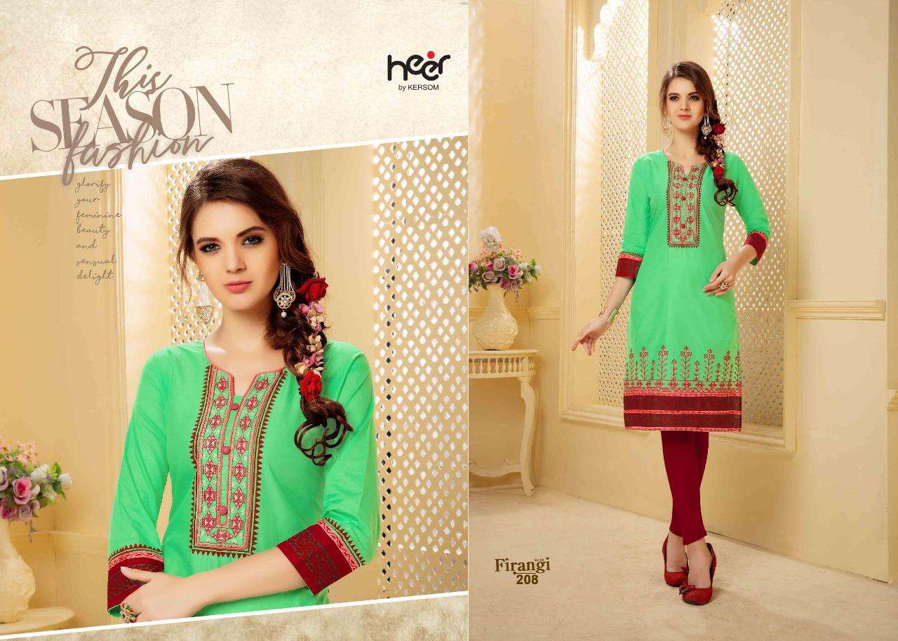 FIRANGI VOL-2 BY HEER 201 TO 208 SERIES BEAUTIFUL COLORFUL STYLISH FANCY CASUAL WEAR & ETHNIC WEAR & READY TO WEAR COTTON LAWN KURTIS AT WHOLESALE PRICE