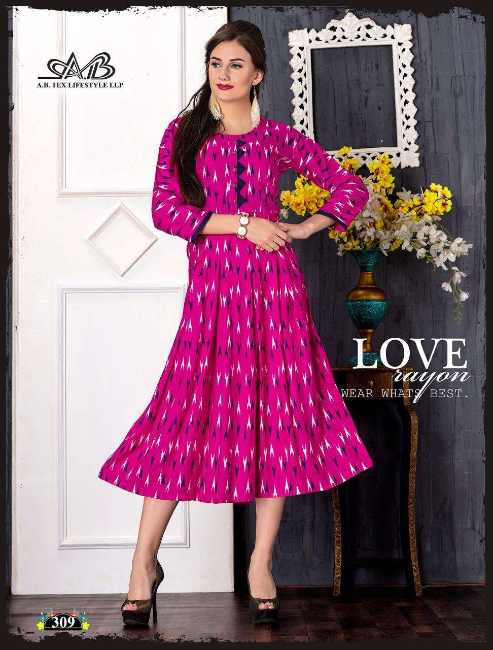 MONI BY A,B FASHION 301 TO 311 SERIES BEAUTIFUL COLORFUL STYLISH FANCY CASUAL WEAR & ETHNIC WEAR & READY TO WEAR RAYON PRINTED KURTIS AT WHOLESALE PRICE