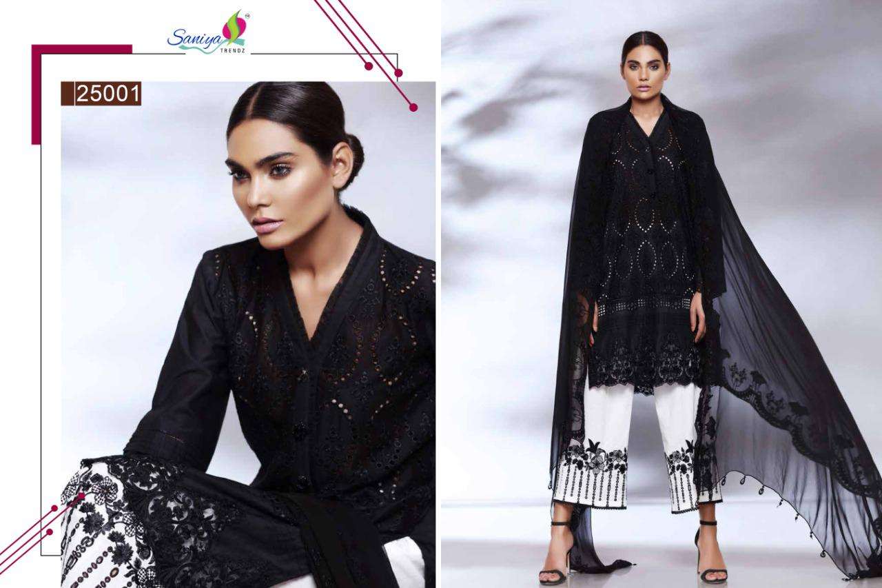 CHARIZMA QARA BY SANIYA TRENDZ 25001 TO 25004 SERIES PAKISTANI SUITS BEAUTIFUL FANCY COLORFUL STYLISH PARTY WEAR & OCCASIONAL WEAR CAMBRIC COTTON WITH CHICKEN WORK DRESSES AT WHOLESALE PRICE