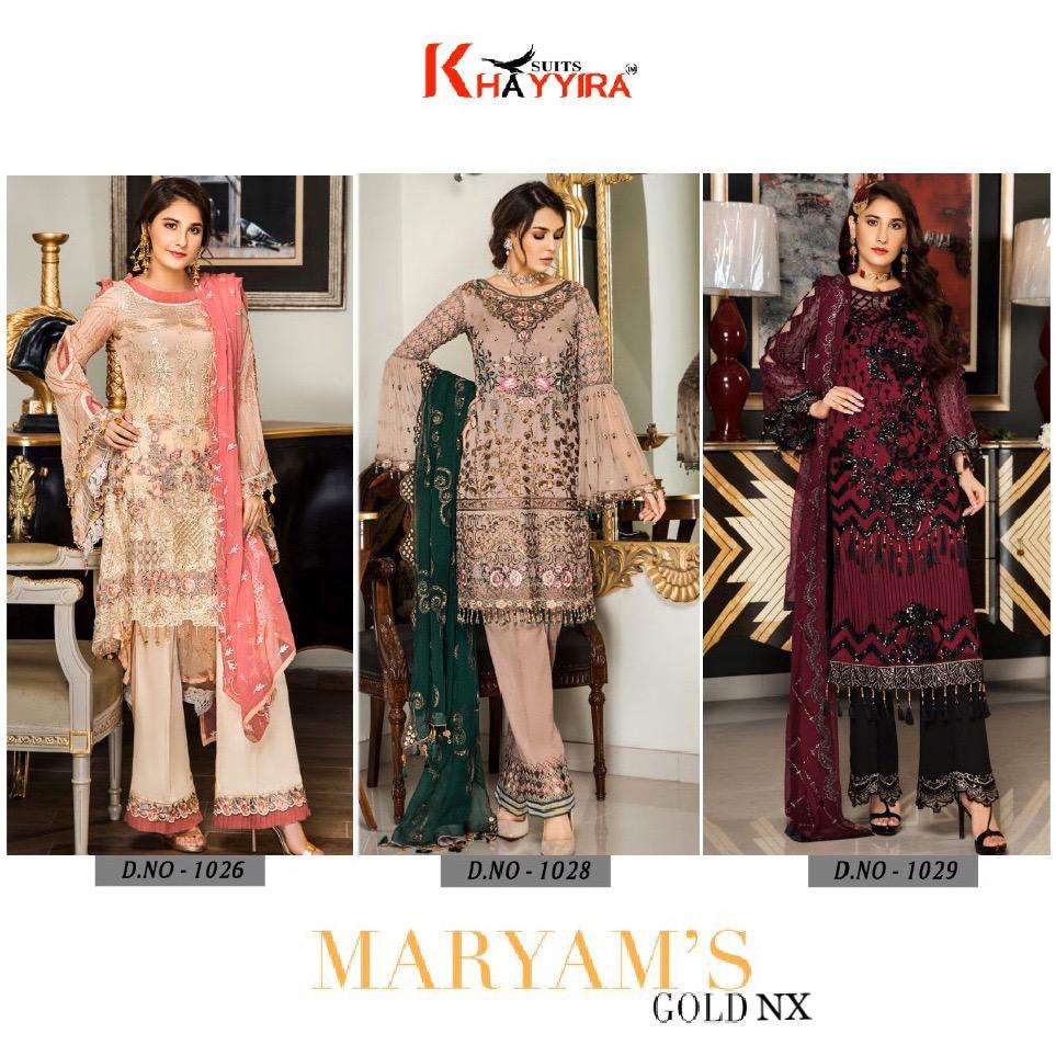 MARYAMS GOLD NX BY KHAYYIRA 1026 TO 1029 SERIES BEAUTIFUL SUITS STYLISH FANCY COLORFUL PARTY WEAR & OCCASIONAL WEAR HEAVY GEORGETTE WITH HEAVY EMBROIDERED DRESSES AT WHOLESALE PRICE