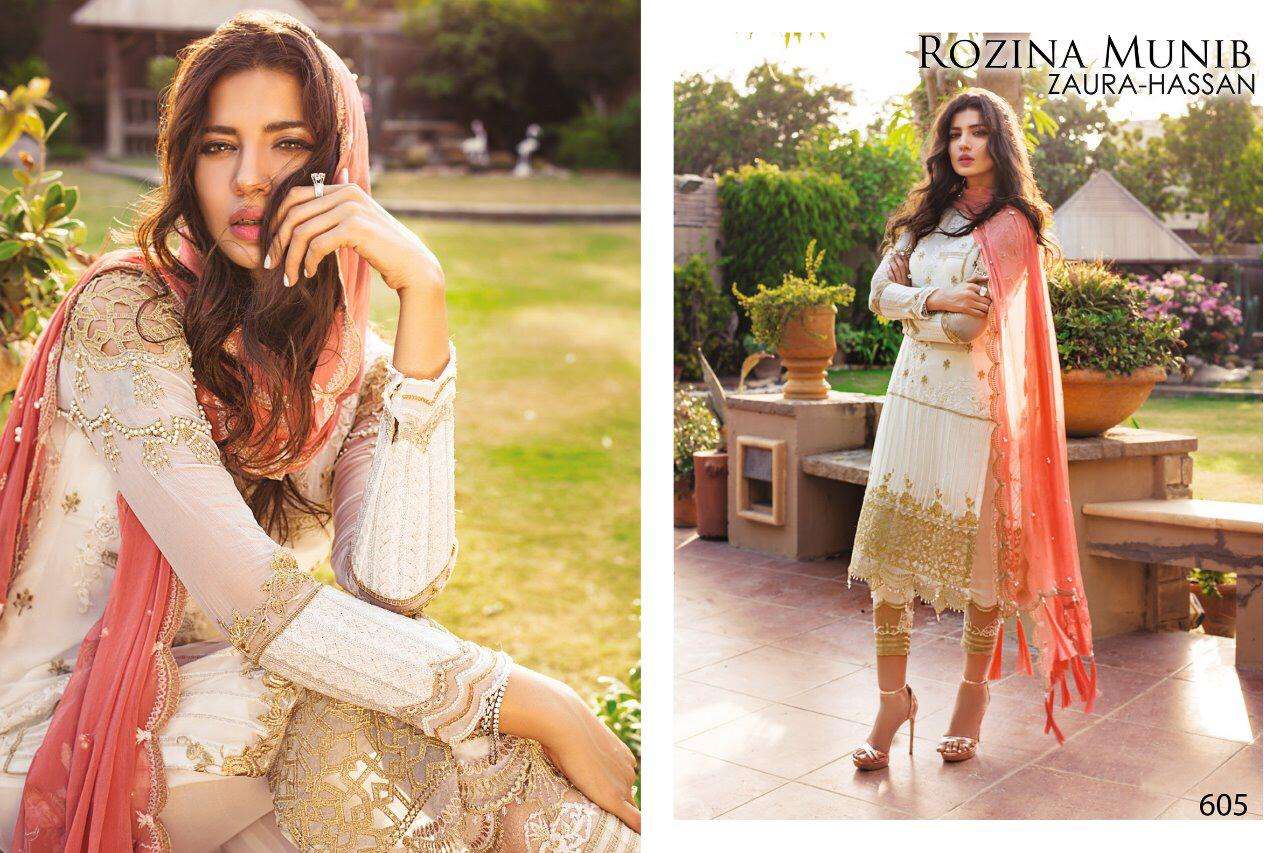 ROZINA MUNIB BY ZUARA HASSAN 604 TO 608 SERIES DESIGNER SHARARA SUITS BEAUTIFUL STYLISH FANCY COLORFUL PARTY WEAR & ETHNIC WEAR FAUX GEORGETTE WITH HEAVY EMBROIDERY DRESSES AT WHOLESALE PRICE