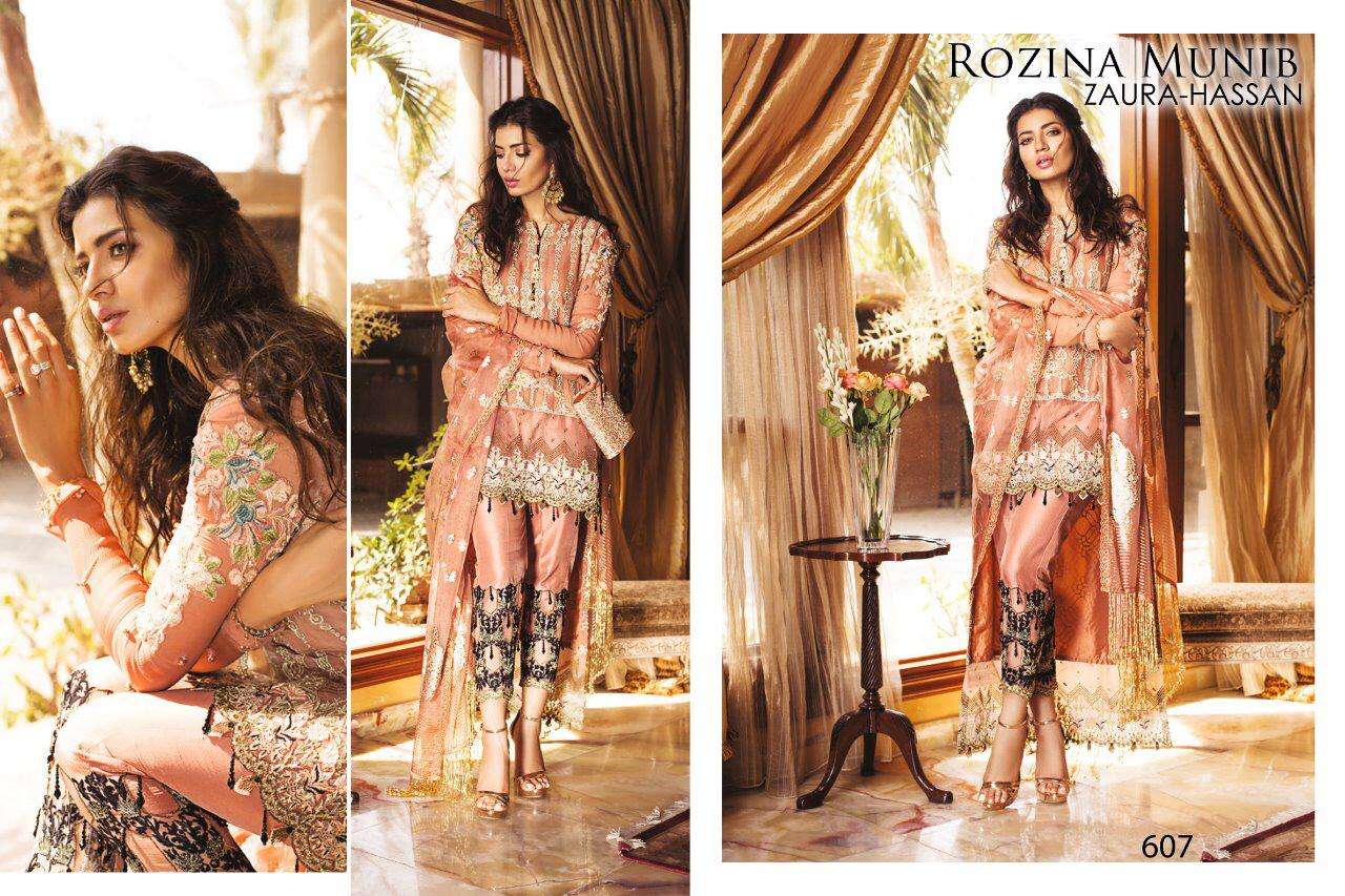 ROZINA MUNIB BY ZUARA HASSAN 604 TO 608 SERIES DESIGNER SHARARA SUITS BEAUTIFUL STYLISH FANCY COLORFUL PARTY WEAR & ETHNIC WEAR FAUX GEORGETTE WITH HEAVY EMBROIDERY DRESSES AT WHOLESALE PRICE