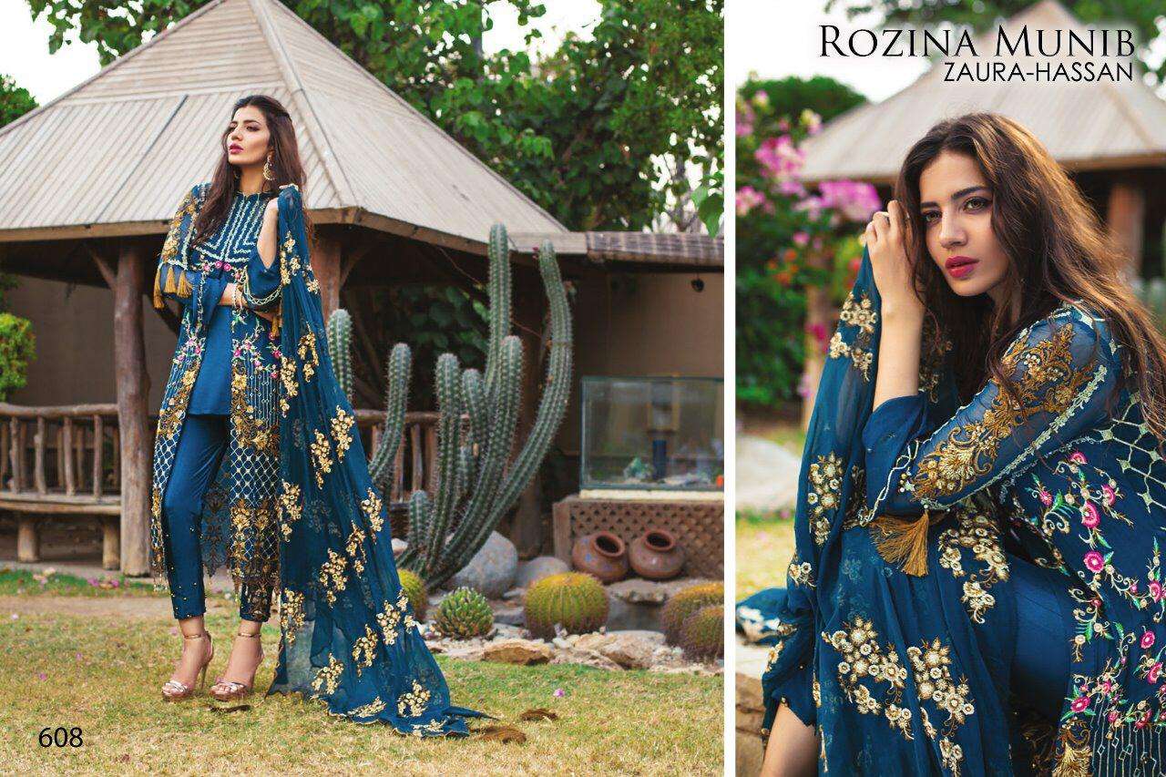 ROZINA MUNIB BY ZUARA HASSAN 604 TO 608 SERIES DESIGNER SHARARA SUITS BEAUTIFUL STYLISH FANCY COLORFUL PARTY WEAR & ETHNIC WEAR FAUX GEORGETTE WITH HEAVY EMBROIDERY DRESSES AT WHOLESALE PRICE