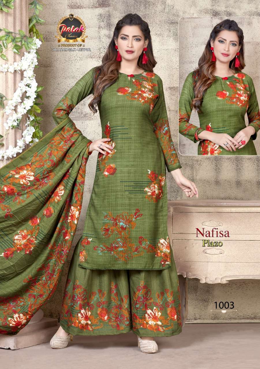 NAFISA PALAZO BY PALAK CHOICE 1001 TO 1010 SERIES BEAUTIFUL SUITS STYLISH FANCY COLORFUL PARTY WEAR & OCCASIONAL WEAR COTTON PRINTED DRESSES AT WHOLESALE PRICE