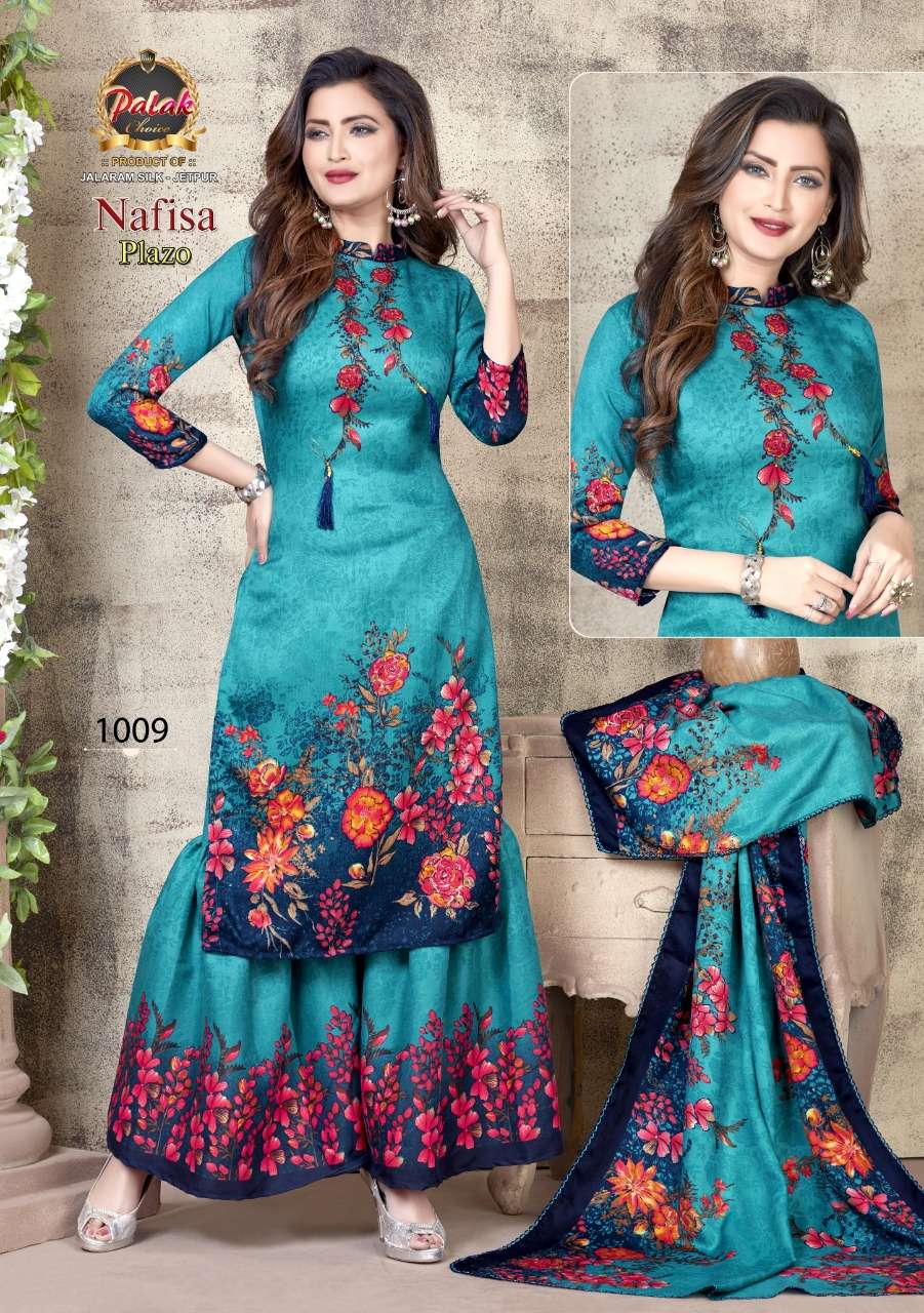 NAFISA PALAZO BY PALAK CHOICE 1001 TO 1010 SERIES BEAUTIFUL SUITS STYLISH FANCY COLORFUL PARTY WEAR & OCCASIONAL WEAR COTTON PRINTED DRESSES AT WHOLESALE PRICE