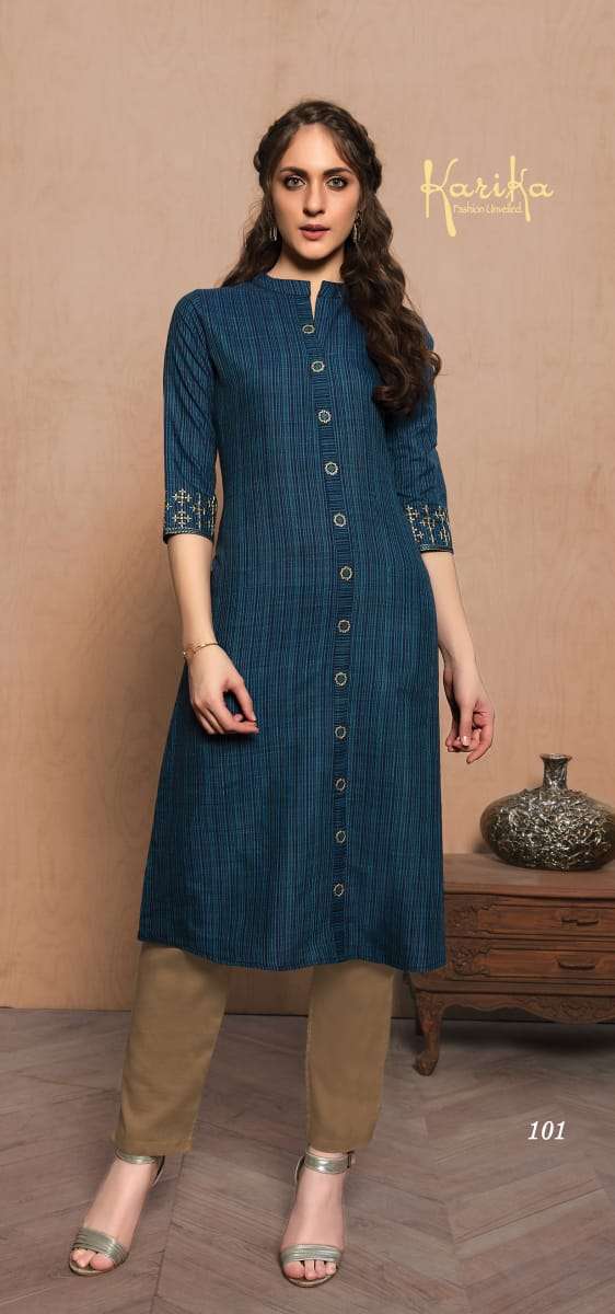 INDIGO BY KARIKA 101 TO 104 SERIES BEAUTIFUL STYLISH FANCY COLORFUL CASUAL WEAR & ETHNIC WEAR COTTON HANDLOOM WITH EMBROIDERY KURTIS AT WHOLESALE PRICE