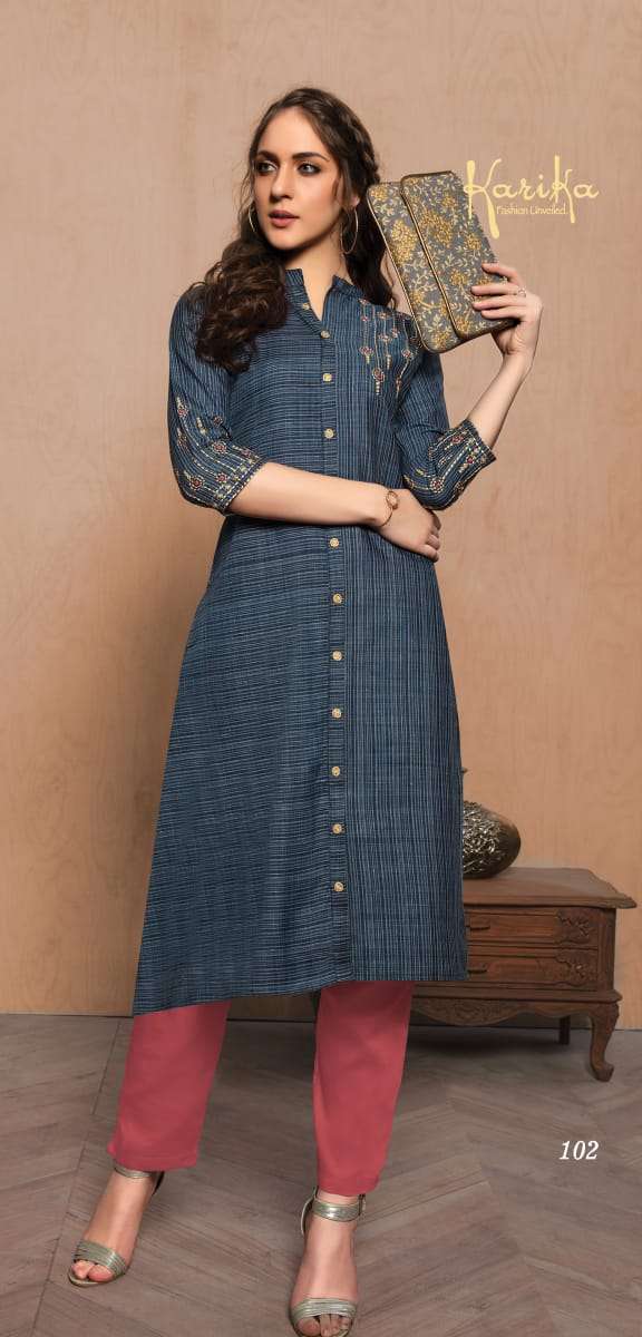 INDIGO BY KARIKA 101 TO 104 SERIES BEAUTIFUL STYLISH FANCY COLORFUL CASUAL WEAR & ETHNIC WEAR COTTON HANDLOOM WITH EMBROIDERY KURTIS AT WHOLESALE PRICE