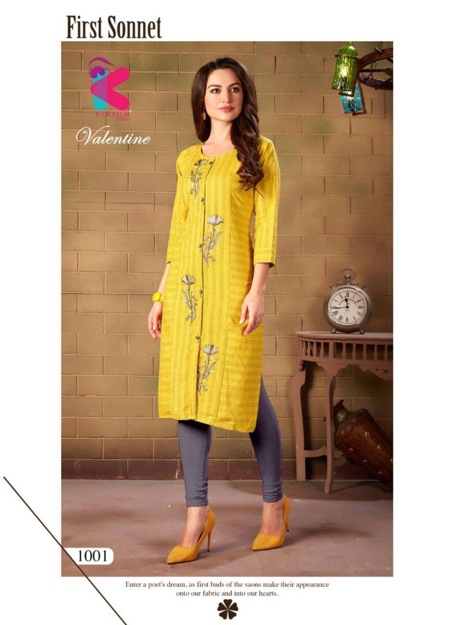 VALENTINE BY KERSOM 1001 TO 1010 SERIES BEAUTIFUL STYLISH COLORFUL FANCY PARTY WEAR & ETHNIC WEAR & READY TO WEAR HEAVY COTTON LINING KURTIS AT WHOLESALE PRICE