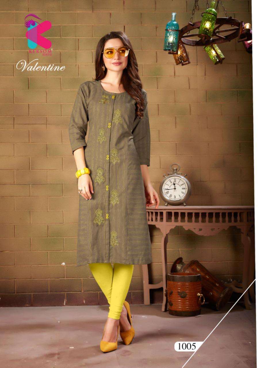 VALENTINE BY KERSOM 1001 TO 1010 SERIES BEAUTIFUL STYLISH COLORFUL FANCY PARTY WEAR & ETHNIC WEAR & READY TO WEAR HEAVY COTTON LINING KURTIS AT WHOLESALE PRICE