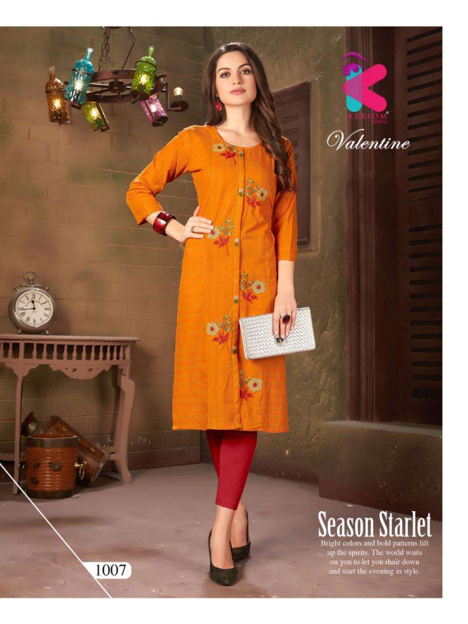 VALENTINE BY KERSOM 1001 TO 1010 SERIES BEAUTIFUL STYLISH COLORFUL FANCY PARTY WEAR & ETHNIC WEAR & READY TO WEAR HEAVY COTTON LINING KURTIS AT WHOLESALE PRICE