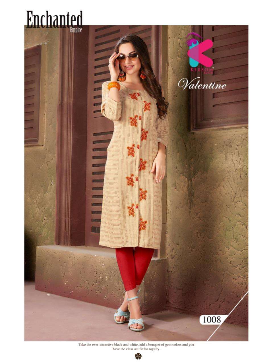 VALENTINE BY KERSOM 1001 TO 1010 SERIES BEAUTIFUL STYLISH COLORFUL FANCY PARTY WEAR & ETHNIC WEAR & READY TO WEAR HEAVY COTTON LINING KURTIS AT WHOLESALE PRICE