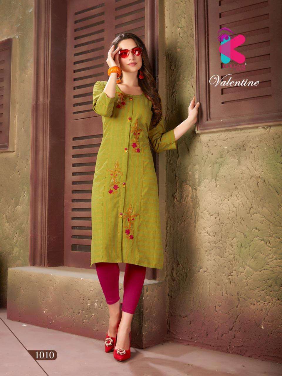 VALENTINE BY KERSOM 1001 TO 1010 SERIES BEAUTIFUL STYLISH COLORFUL FANCY PARTY WEAR & ETHNIC WEAR & READY TO WEAR HEAVY COTTON LINING KURTIS AT WHOLESALE PRICE