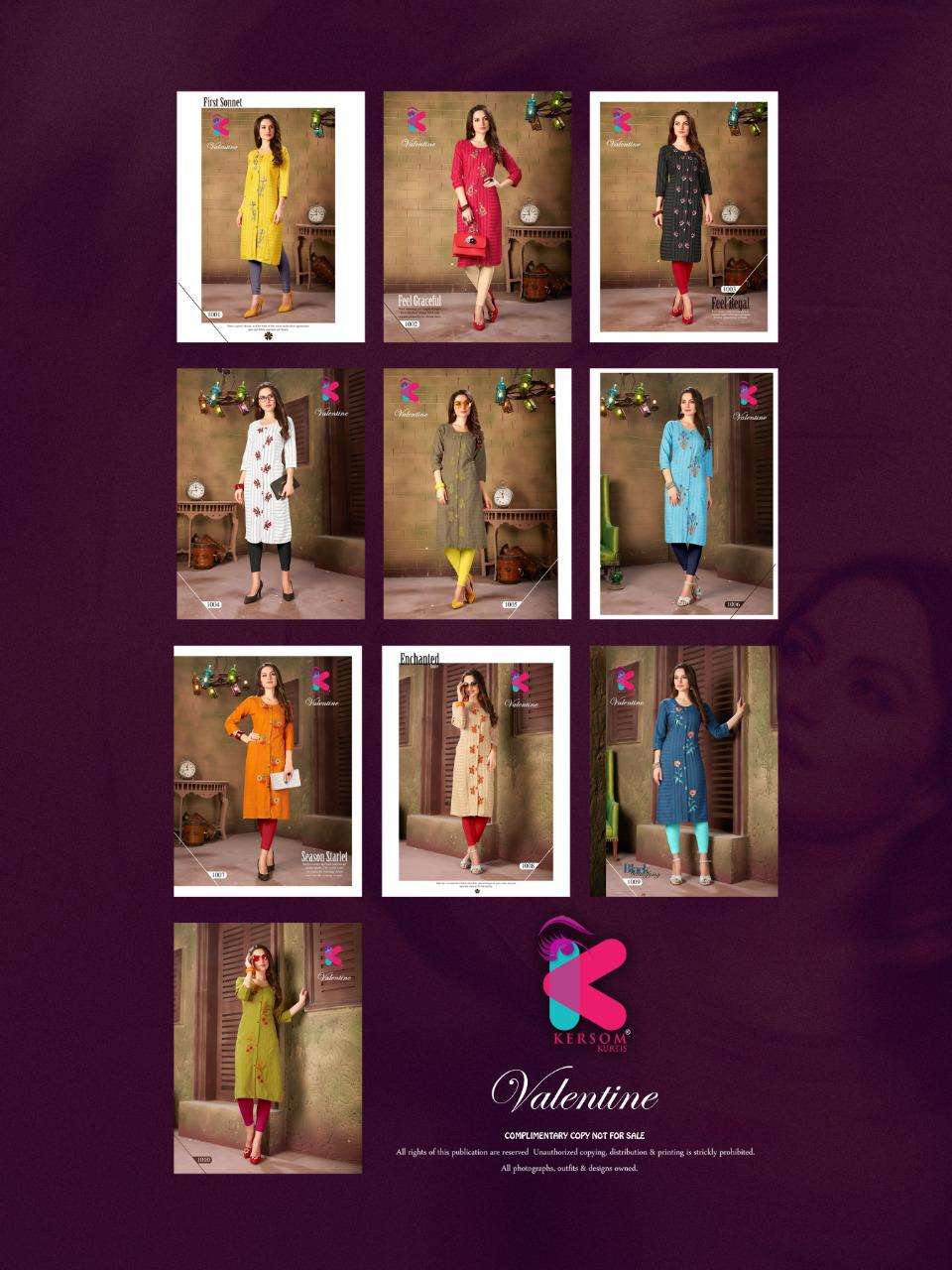 VALENTINE BY KERSOM 1001 TO 1010 SERIES BEAUTIFUL STYLISH COLORFUL FANCY PARTY WEAR & ETHNIC WEAR & READY TO WEAR HEAVY COTTON LINING KURTIS AT WHOLESALE PRICE