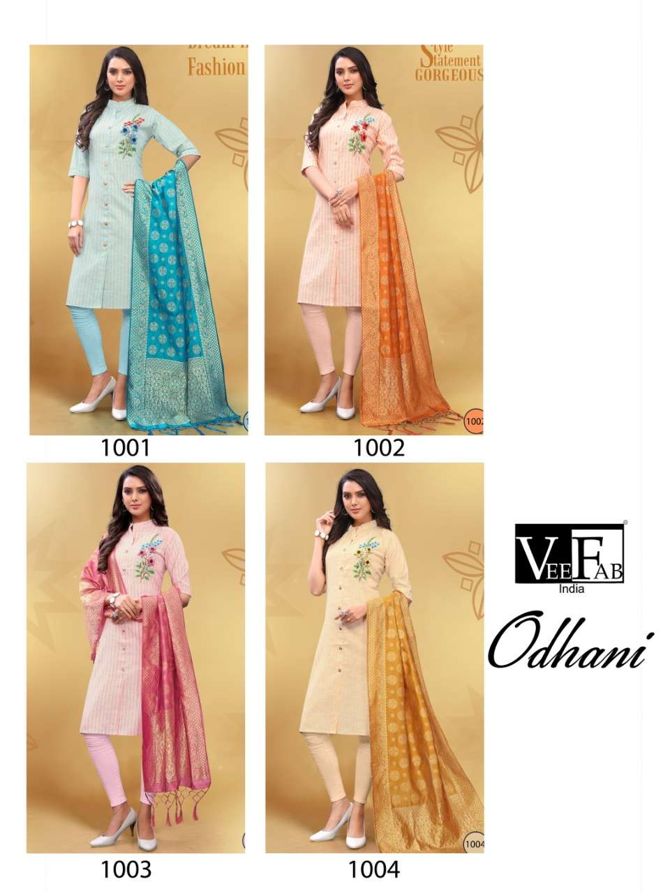 ODHANI BY VEE FAB 1001 TO 1004 SERIES BEAUTIFUL STYLISH COLORFUL FANCY PARTY WEAR & ETHNIC WEAR & READY TO WEAR SOUTH COTTON WITH  HANDWORK KURTIS AT WHOLESALE PRICE
