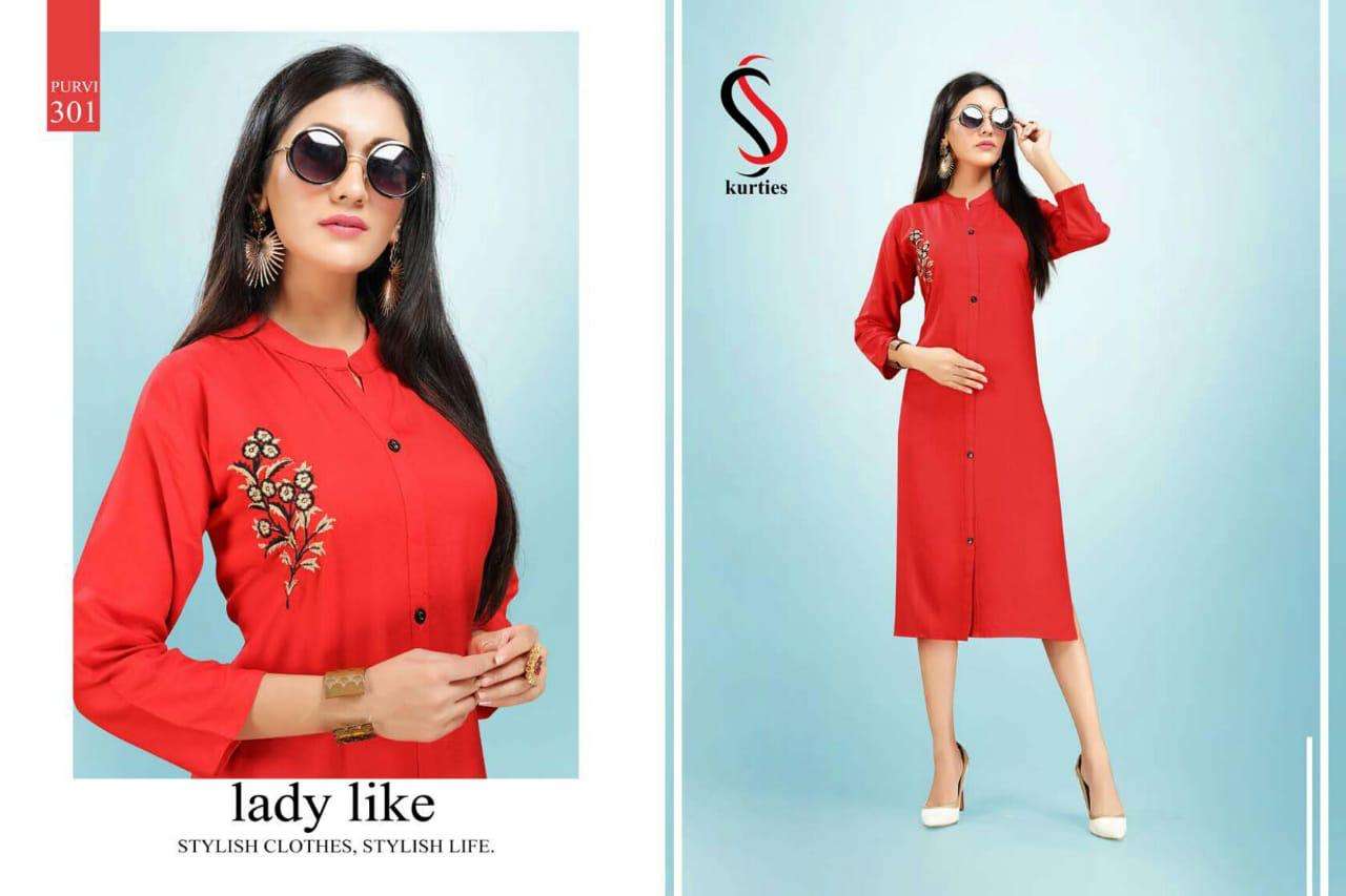 PURVI BY S S KURTIS 301 TO 308 SERIES STYLISH FANCY BEAUTIFUL COLORFUL CASUAL WEAR & ETHNIC WEAR RAYON 14 KG KURTIS AT WHOLESALE PRICE