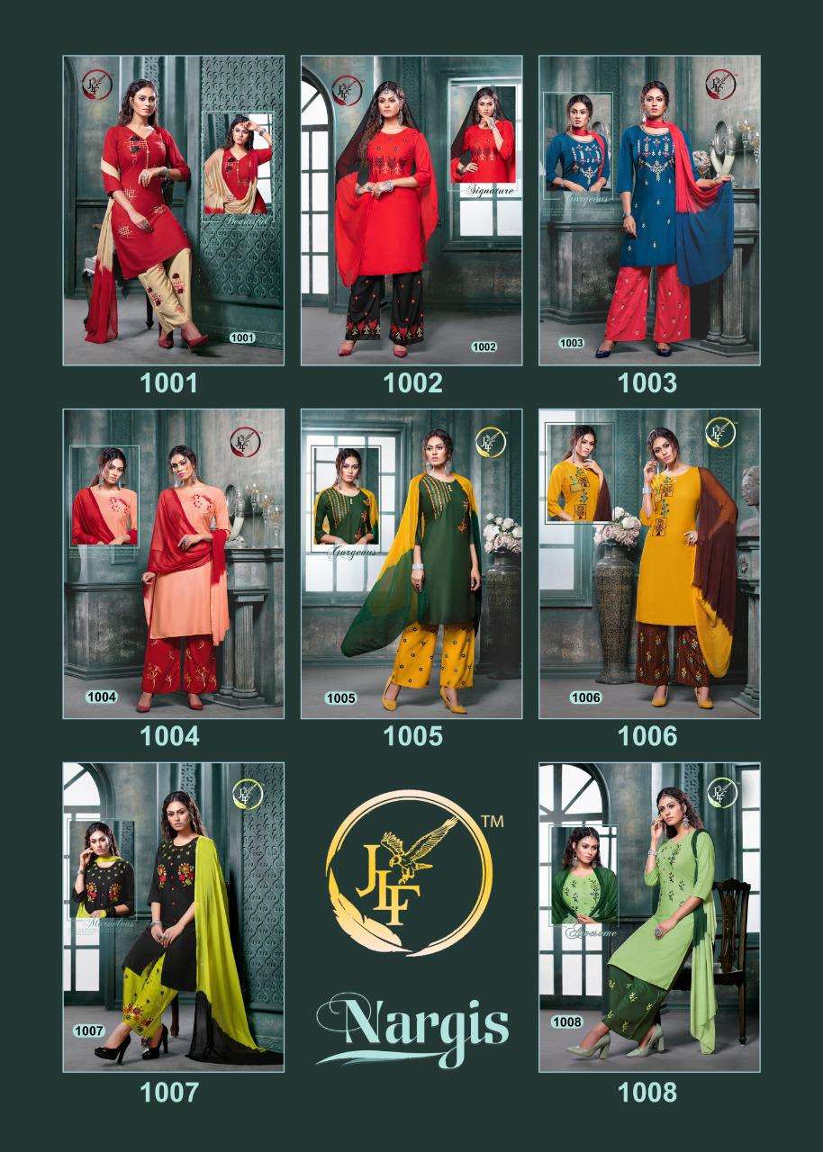 NARGIS BY JLF 1001 TO 1008 SERIES BEAUTIFUL COLORFUL STYLISH PRETTY PARTY WEAR CASUAL WEAR OCCASIONAL WEAR HEAVY RAYON 14 KG DRESSES AT WHOLESALE PRICE