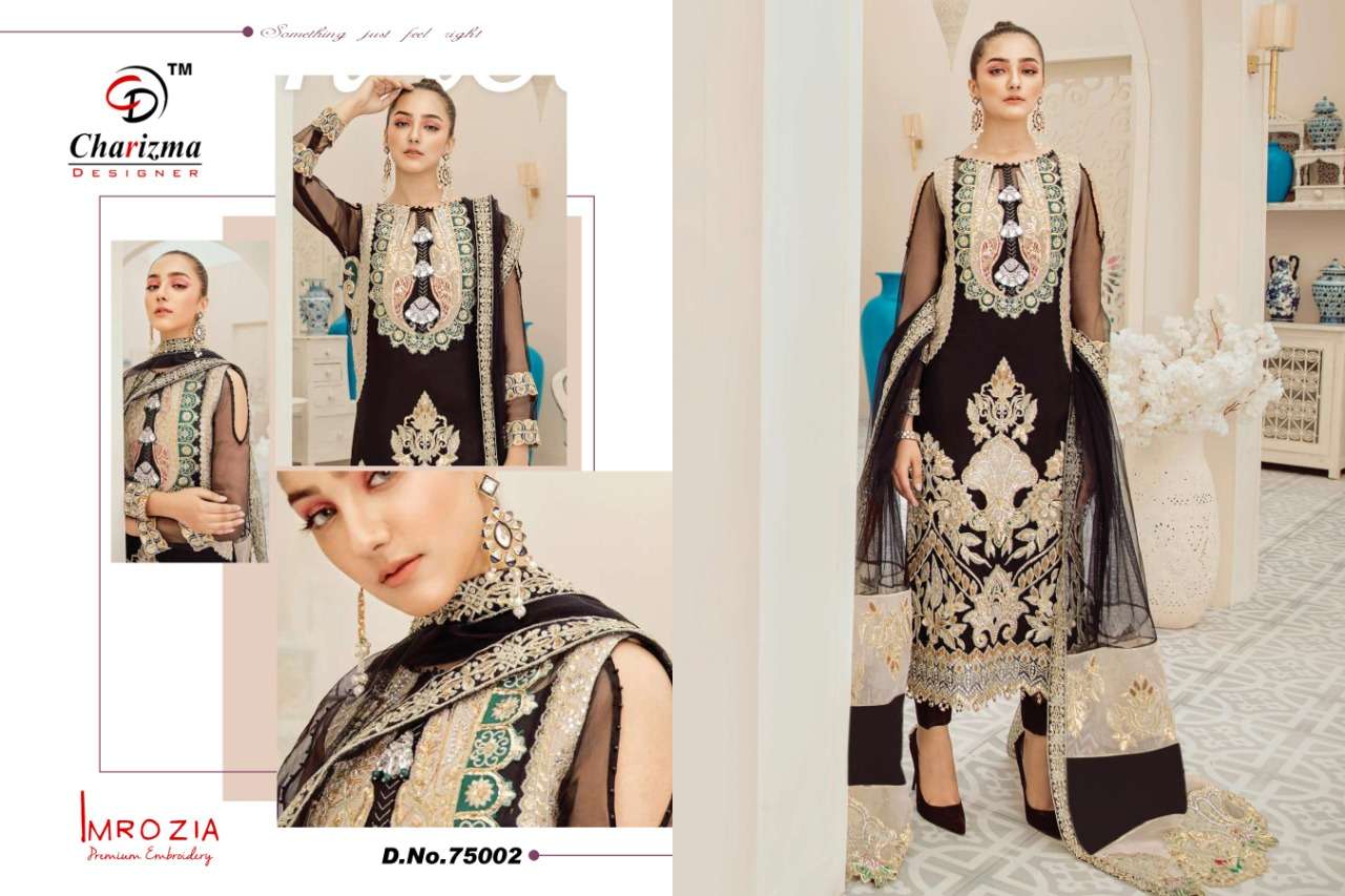 IMROZIA BY CHARIZMA DESIGNER 75001 TO 75005 SERIES PAKISTANI SUITS BEAUTIFUL FANCY COLORFUL STYLISH PARTY WEAR & OCCASIONAL WEAR HEAVY NET WITH EMBROIDERY DRESSES AT WHOLESALE PRICE