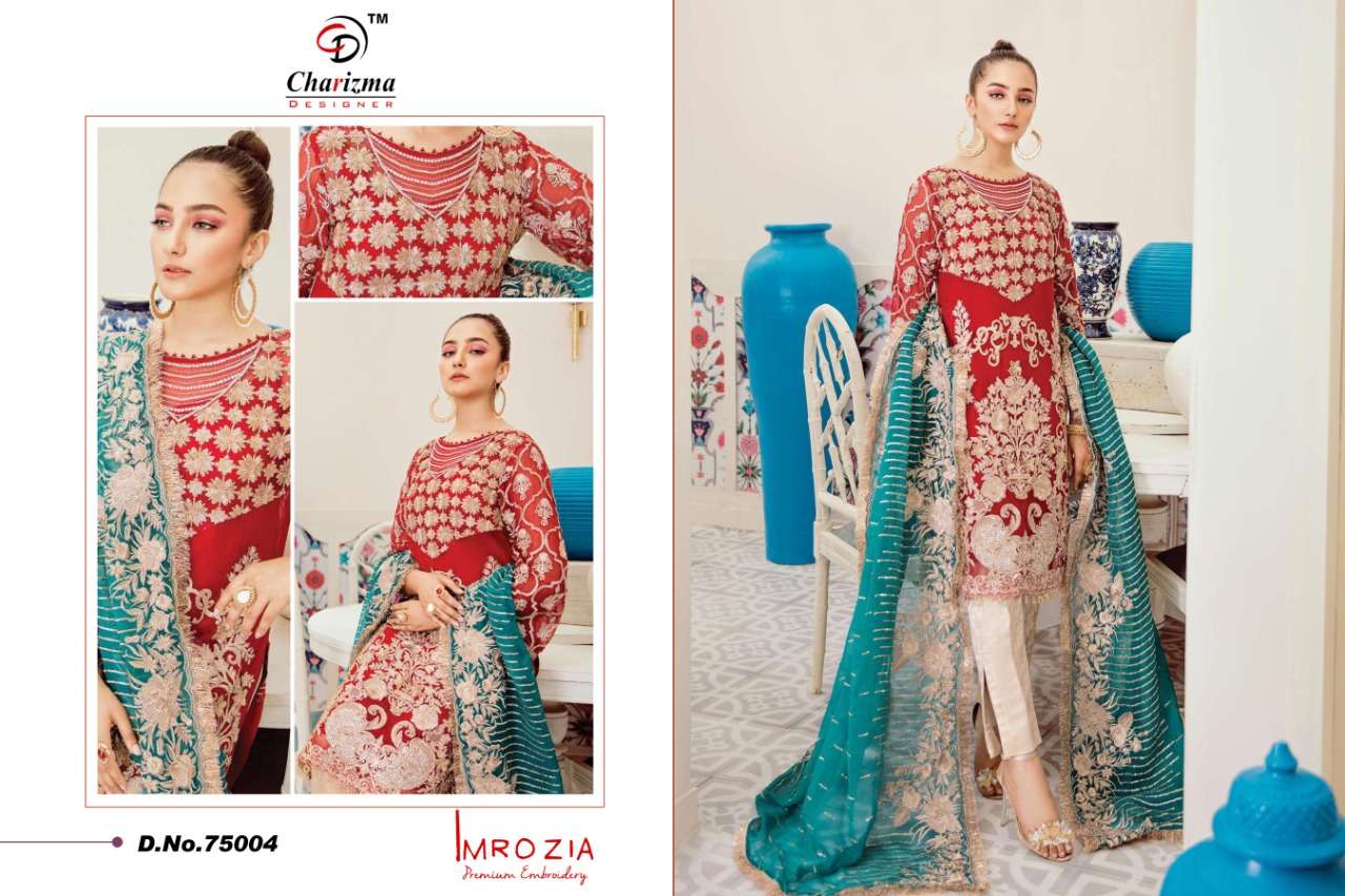 IMROZIA BY CHARIZMA DESIGNER 75001 TO 75005 SERIES PAKISTANI SUITS BEAUTIFUL FANCY COLORFUL STYLISH PARTY WEAR & OCCASIONAL WEAR HEAVY NET WITH EMBROIDERY DRESSES AT WHOLESALE PRICE