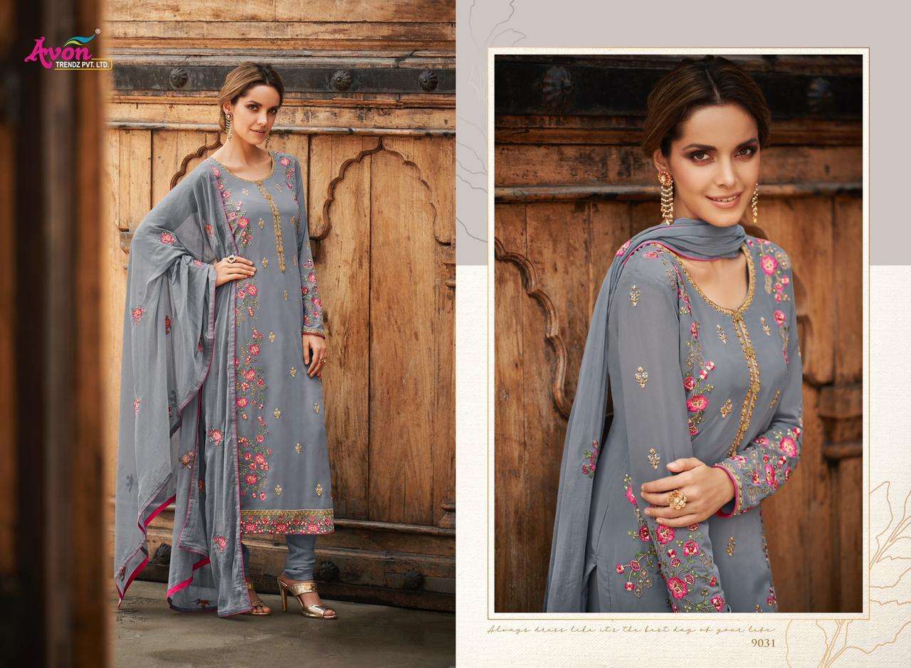 FASHIONISTA VOL-8 BY AVON TRENDZ 9031 TO 9035 SERIES DESIGNER PAKISTANI SUITS BEAUTIFUL FANCY COLORFUL PARTY WEAR & ETHNIC WEAR FANCY WITH EMBROIDERY DRESSES AT WHOLESALE PRICE