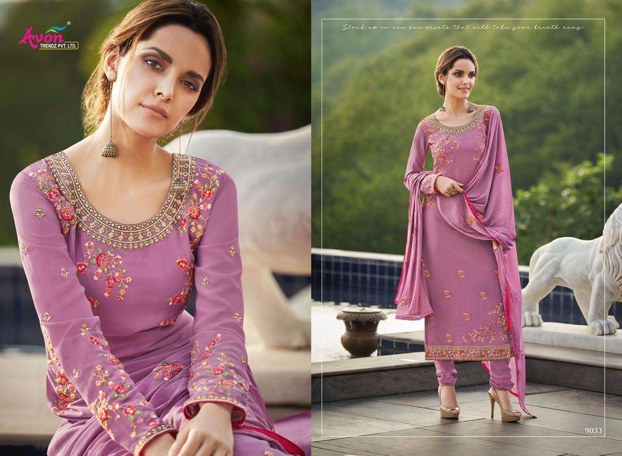 FASHIONISTA VOL-8 BY AVON TRENDZ 9031 TO 9035 SERIES DESIGNER PAKISTANI SUITS BEAUTIFUL FANCY COLORFUL PARTY WEAR & ETHNIC WEAR FANCY WITH EMBROIDERY DRESSES AT WHOLESALE PRICE