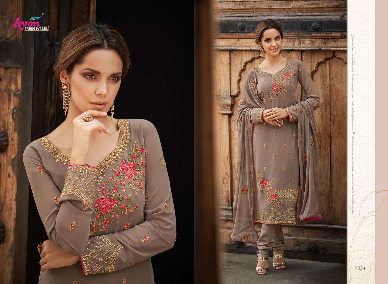 FASHIONISTA VOL-8 BY AVON TRENDZ 9031 TO 9035 SERIES DESIGNER PAKISTANI SUITS BEAUTIFUL FANCY COLORFUL PARTY WEAR & ETHNIC WEAR FANCY WITH EMBROIDERY DRESSES AT WHOLESALE PRICE