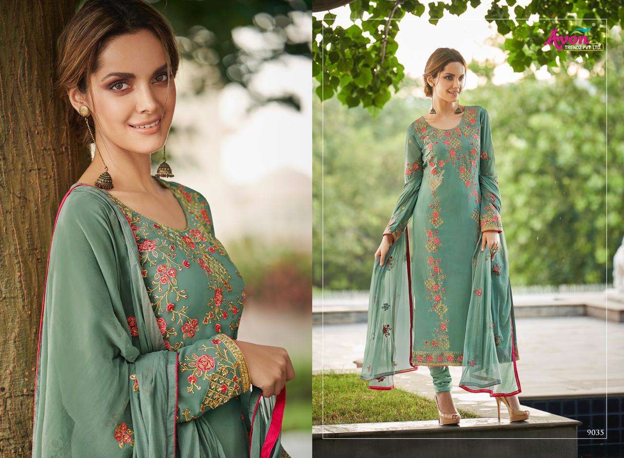 FASHIONISTA VOL-8 BY AVON TRENDZ 9031 TO 9035 SERIES DESIGNER PAKISTANI SUITS BEAUTIFUL FANCY COLORFUL PARTY WEAR & ETHNIC WEAR FANCY WITH EMBROIDERY DRESSES AT WHOLESALE PRICE