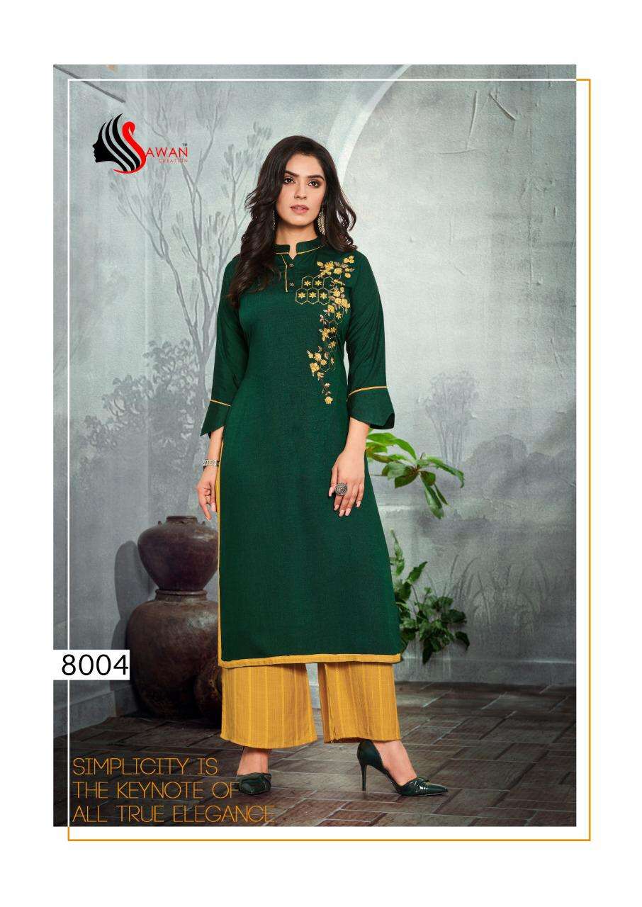 DANI VOL-8 BY SAWAN CREATION 8001 TO 8008 SERIES BEAUTIFUL COLORFUL STYLISH FANCY CASUAL WEAR & ETHNIC WEAR & READY TO WEAR HEAVY RAYON 14 KG KURTIS AT WHOLESALE PRICE