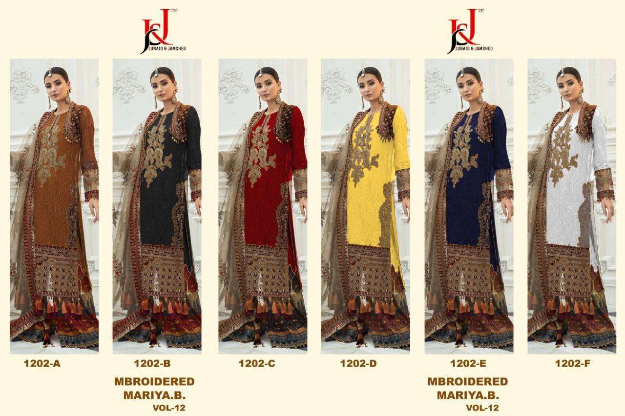 J AND J HIT DESIGN 1204 COLOURS BY J AND J 1202-A TO 1202-F SERIES PAKISTANI SUITS BEAUTIFUL FANCY COLORFUL STYLISH PARTY WEAR & OCCASIONAL WEAR FAUX GEORGETTE AND TUSSLE WITH EMBROIDERY DRESSES AT WHOLESALE PRICE