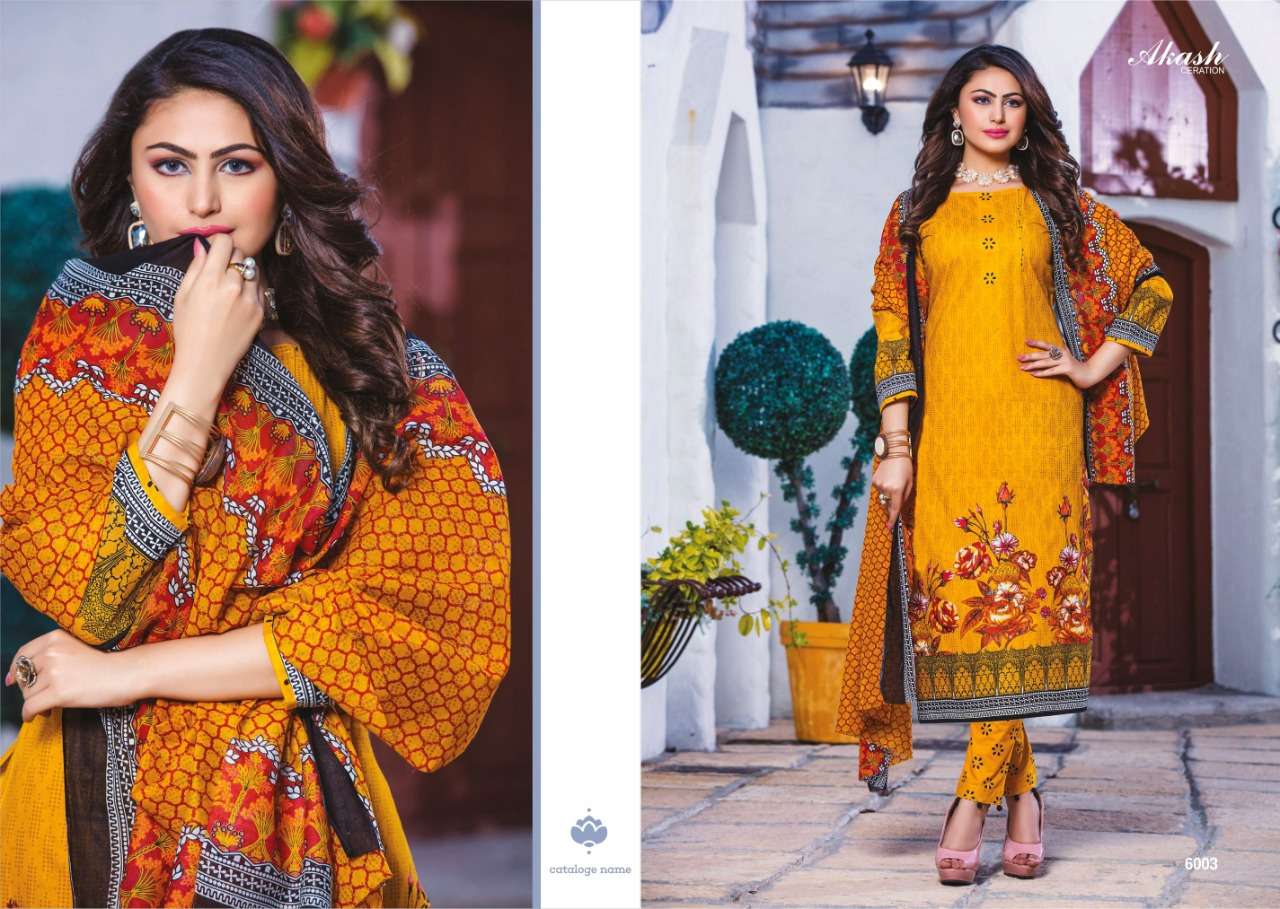 NOOR E SABNAM VOL-6 BY AKASH CREATION 6001 TO 6010 SERIES BEAUTIFUL COLLECTION SUITS STYLISH FANCY COLORFUL CASUAL WEAR & ETHNIC WEAR PURE COTTON PRINTED DRESSES AT WHOLESALE PRICE
