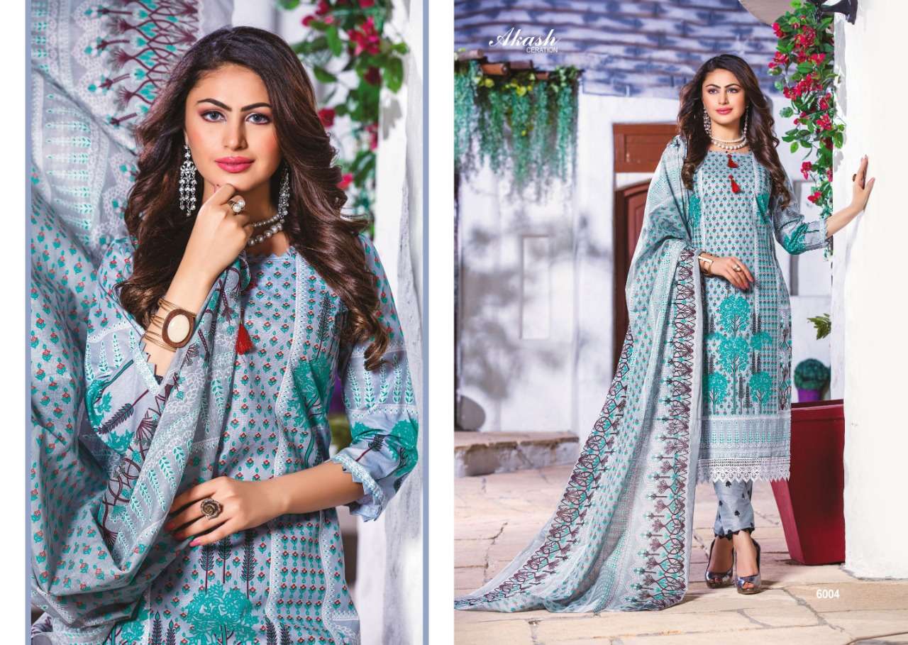 NOOR E SABNAM VOL-6 BY AKASH CREATION 6001 TO 6010 SERIES BEAUTIFUL COLLECTION SUITS STYLISH FANCY COLORFUL CASUAL WEAR & ETHNIC WEAR PURE COTTON PRINTED DRESSES AT WHOLESALE PRICE