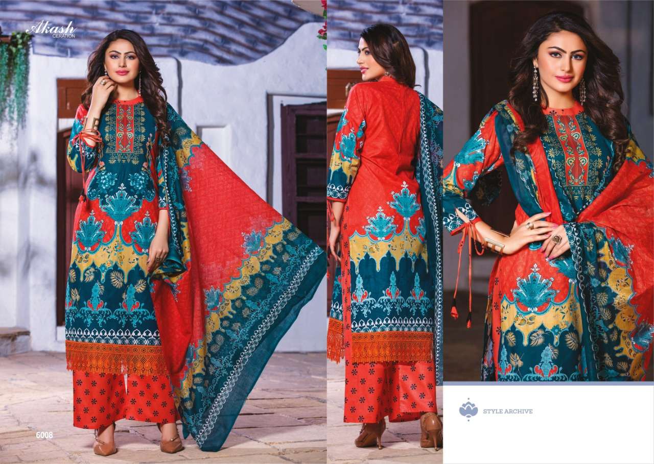 NOOR E SABNAM VOL-6 BY AKASH CREATION 6001 TO 6010 SERIES BEAUTIFUL COLLECTION SUITS STYLISH FANCY COLORFUL CASUAL WEAR & ETHNIC WEAR PURE COTTON PRINTED DRESSES AT WHOLESALE PRICE