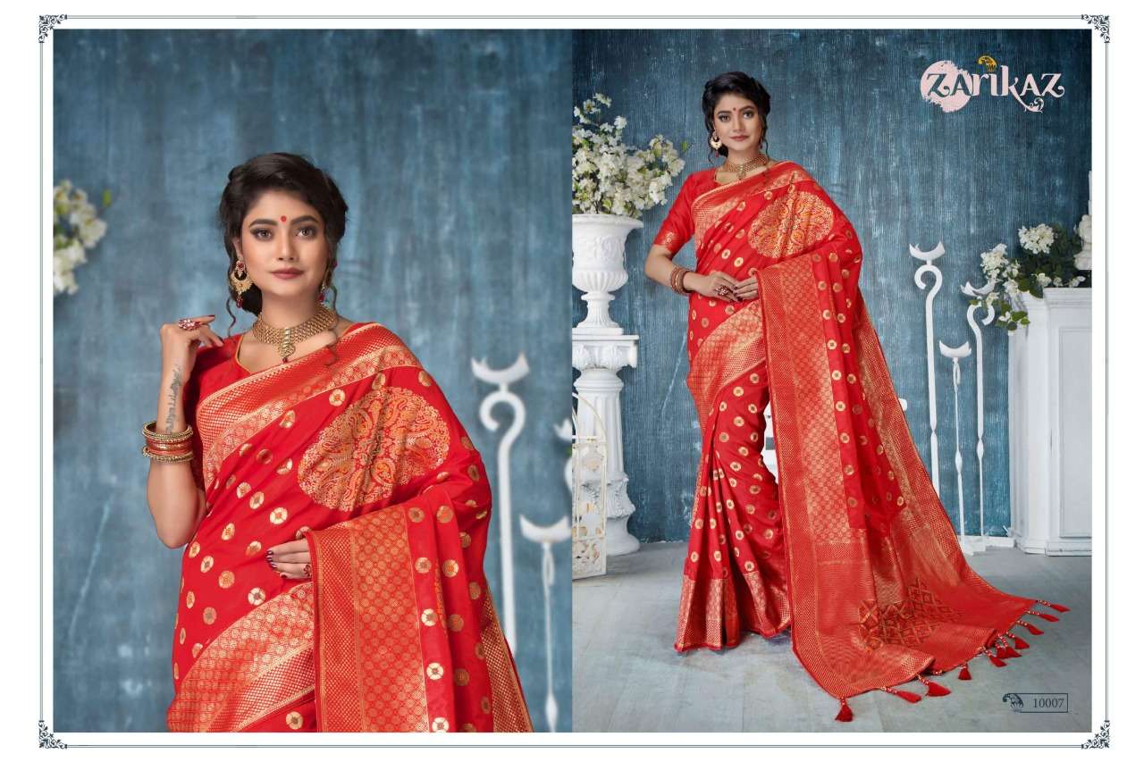 PIHUU VOL-10 BY ZARIKAZ 10001 TO 10007 SERIES INDIAN TRADITIONAL WEAR COLLECTION BEAUTIFUL STYLISH FANCY COLORFUL PARTY WEAR & OCCASIONAL WEAR BANARASI SILK WEAVING SAREES AT WHOLESALE PRICE