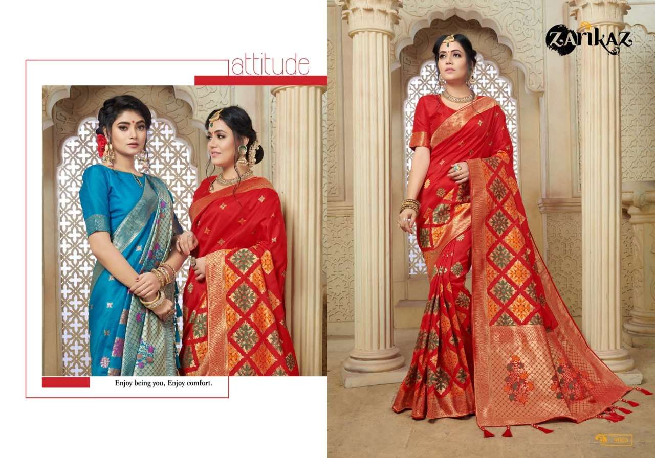 PIHUU VOL-9 BY ZARIKAZ 9001 TO 9006 SERIES INDIAN TRADITIONAL WEAR COLLECTION BEAUTIFUL STYLISH FANCY COLORFUL PARTY WEAR & OCCASIONAL WEAR BANARASI SILK WEAVING SAREES AT WHOLESALE PRICE