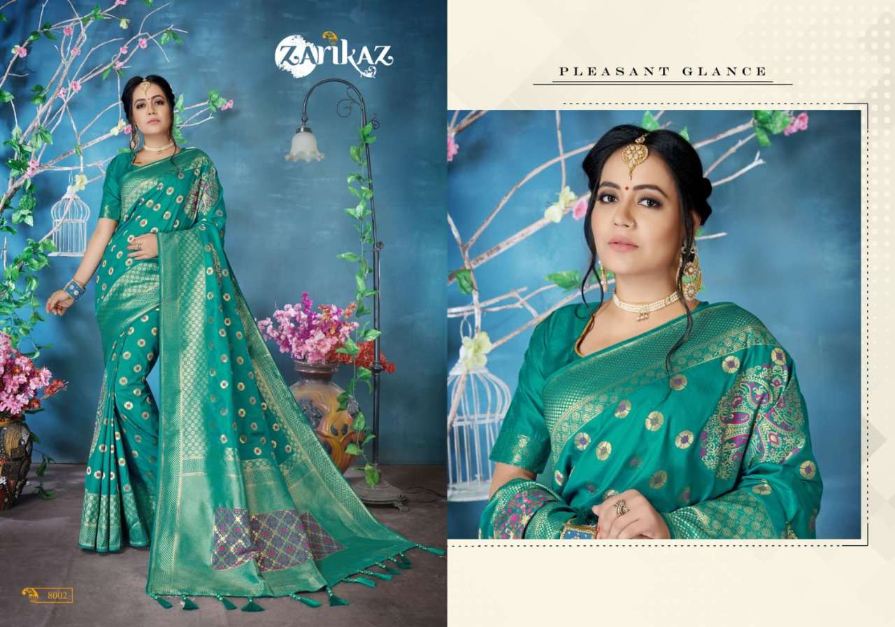 PIHUU VOL-8 BY ZARIKAZ 8001 TO 8006 SERIES INDIAN TRADITIONAL WEAR COLLECTION BEAUTIFUL STYLISH FANCY COLORFUL PARTY WEAR & OCCASIONAL WEAR BANARASI SILK WEAVING SAREES AT WHOLESALE PRICE