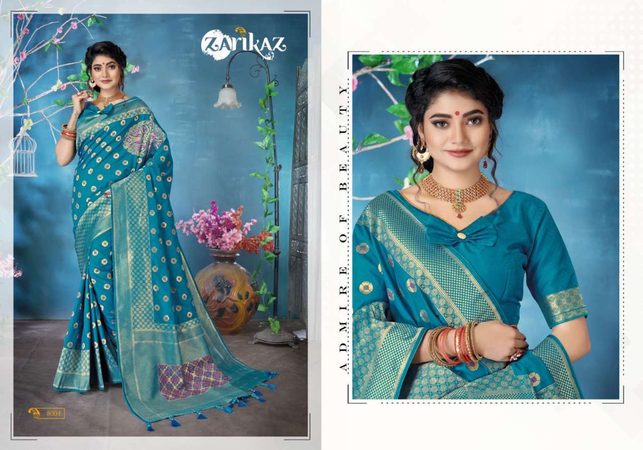 PIHUU VOL-8 BY ZARIKAZ 8001 TO 8006 SERIES INDIAN TRADITIONAL WEAR COLLECTION BEAUTIFUL STYLISH FANCY COLORFUL PARTY WEAR & OCCASIONAL WEAR BANARASI SILK WEAVING SAREES AT WHOLESALE PRICE