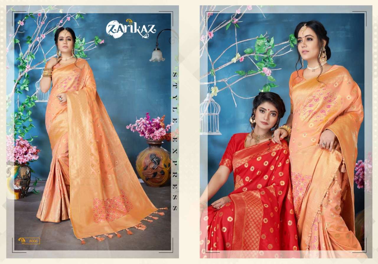 PIHUU VOL-8 BY ZARIKAZ 8001 TO 8006 SERIES INDIAN TRADITIONAL WEAR COLLECTION BEAUTIFUL STYLISH FANCY COLORFUL PARTY WEAR & OCCASIONAL WEAR BANARASI SILK WEAVING SAREES AT WHOLESALE PRICE