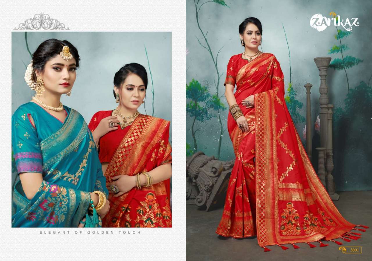 PIHUU VOL-3 BY ZARIKAZ 3001 TO 3006 SERIES INDIAN TRADITIONAL WEAR COLLECTION BEAUTIFUL STYLISH FANCY COLORFUL PARTY WEAR & OCCASIONAL WEAR BANARASI SILK WEAVING SAREES AT WHOLESALE PRICE