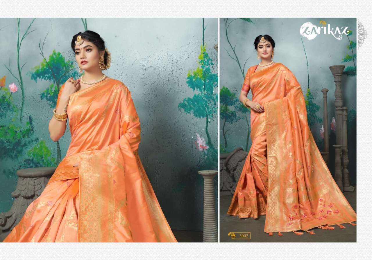 PIHUU VOL-3 BY ZARIKAZ 3001 TO 3006 SERIES INDIAN TRADITIONAL WEAR COLLECTION BEAUTIFUL STYLISH FANCY COLORFUL PARTY WEAR & OCCASIONAL WEAR BANARASI SILK WEAVING SAREES AT WHOLESALE PRICE