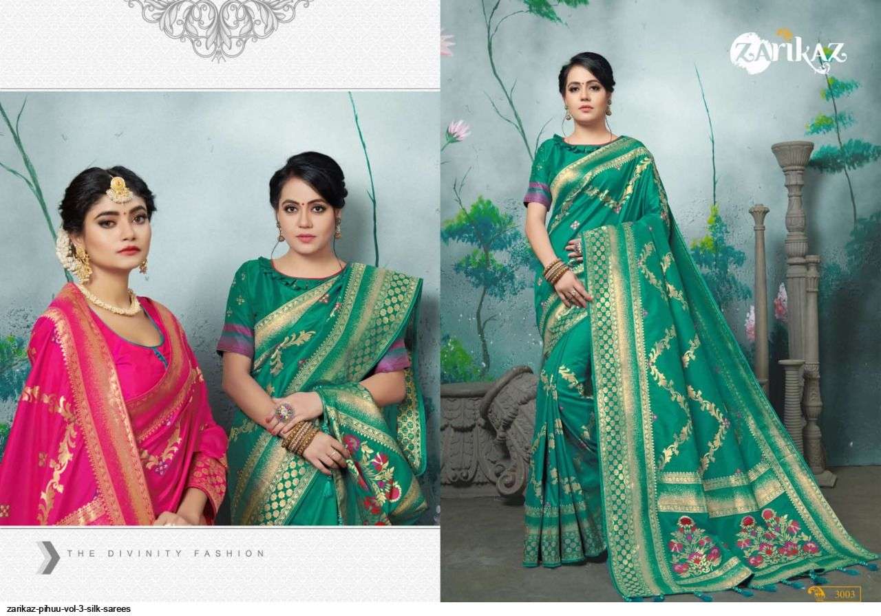 PIHUU VOL-3 BY ZARIKAZ 3001 TO 3006 SERIES INDIAN TRADITIONAL WEAR COLLECTION BEAUTIFUL STYLISH FANCY COLORFUL PARTY WEAR & OCCASIONAL WEAR BANARASI SILK WEAVING SAREES AT WHOLESALE PRICE